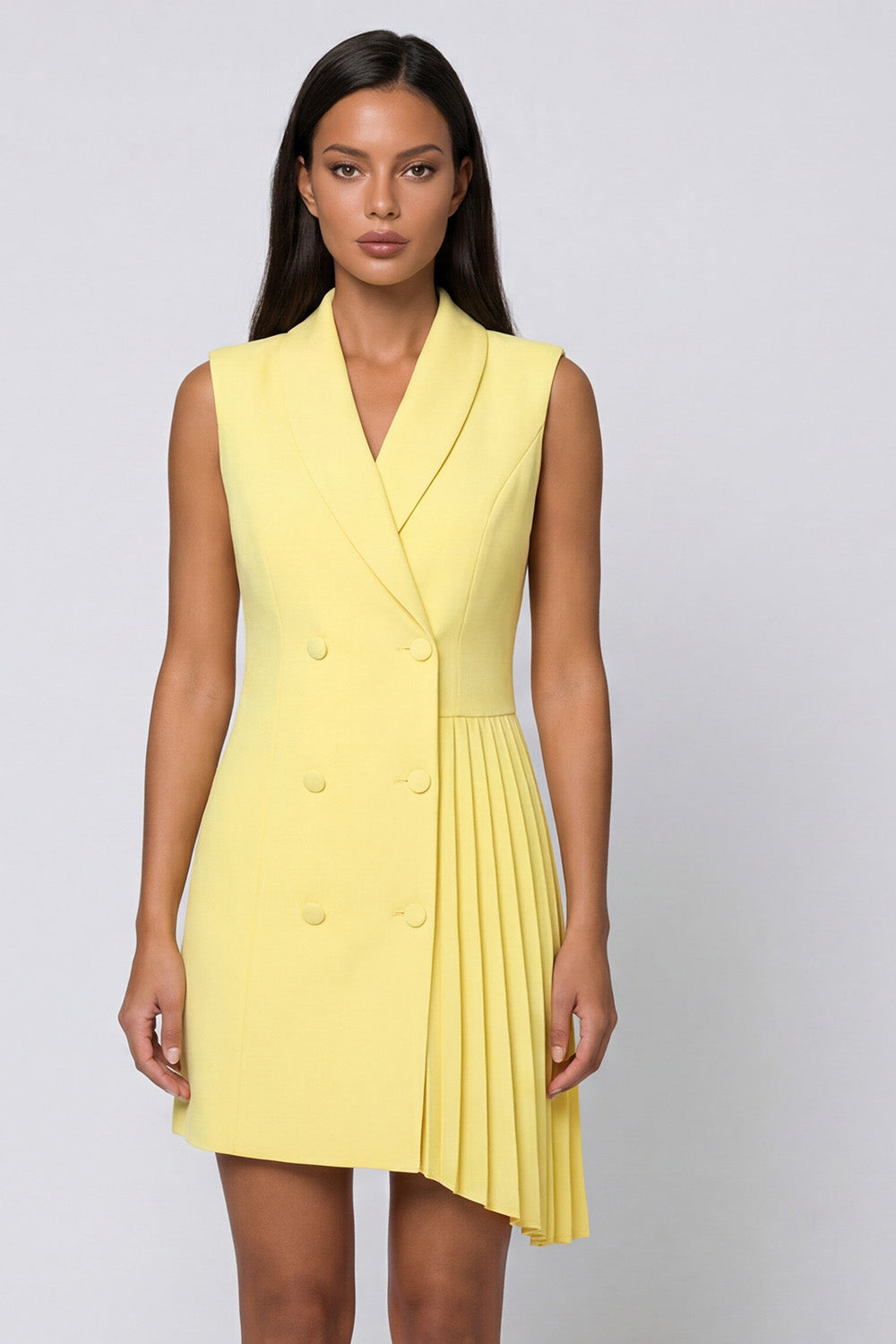 Butter Yellow Pleated Shawl Lapel Double Breasted Mini Blazer Dress