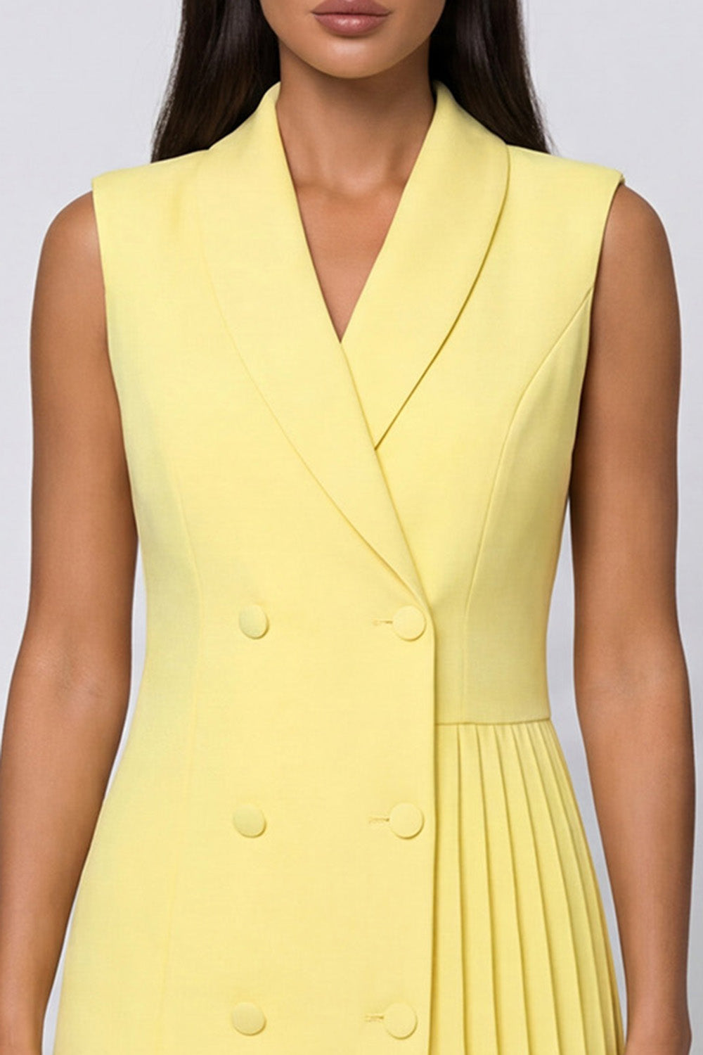 Butter Yellow Pleated Shawl Lapel Double Breasted Mini Blazer Dress