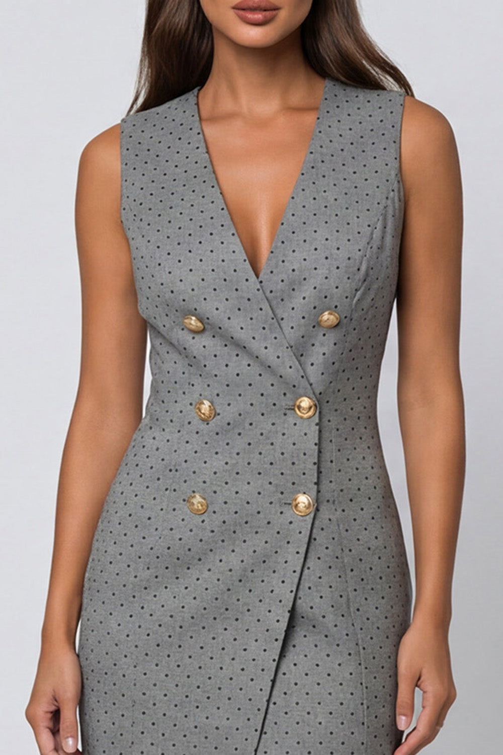 Grey Polka Dots Double Breasted V Neck Slim Fit Mini Blazer Dress with Slit