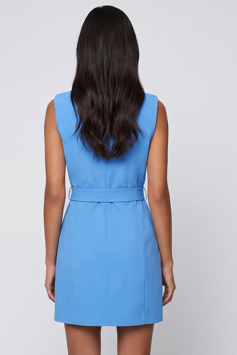 Blue Notched Lapel Slim Fit Sleeveless Blazer Dress with Sash