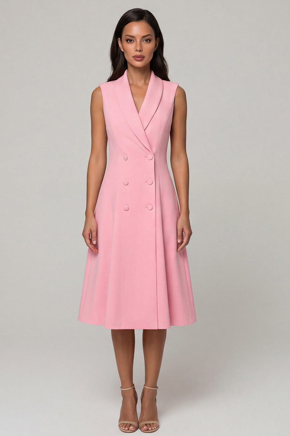 Pink Shawl Lapel Double Breasted A Line Midi Blazer Dress
