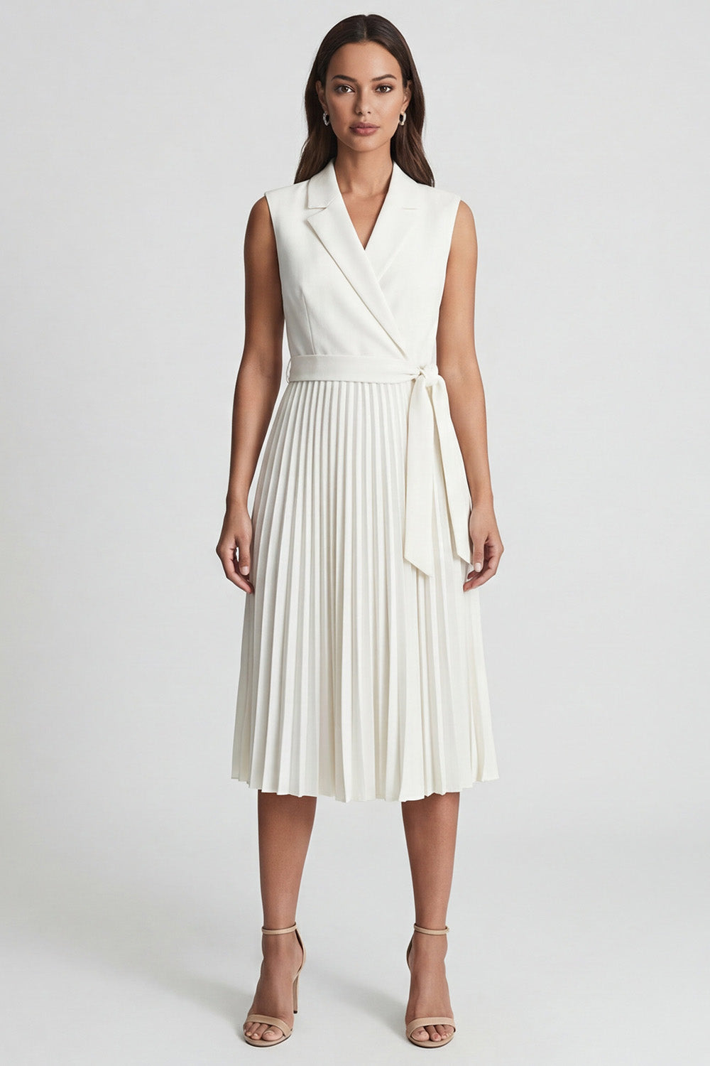 Pleated Ivory Notched Lapel A Line Midi Work Dress with Sash