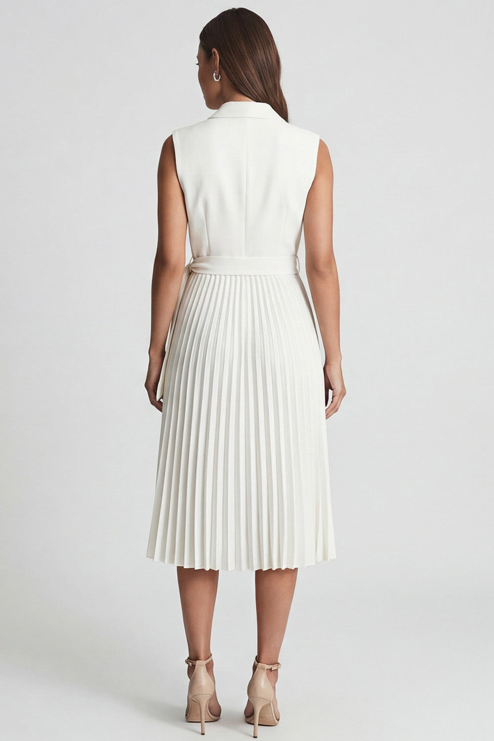 Pleated Ivory Notched Lapel A Line Midi Work Dress with Sash