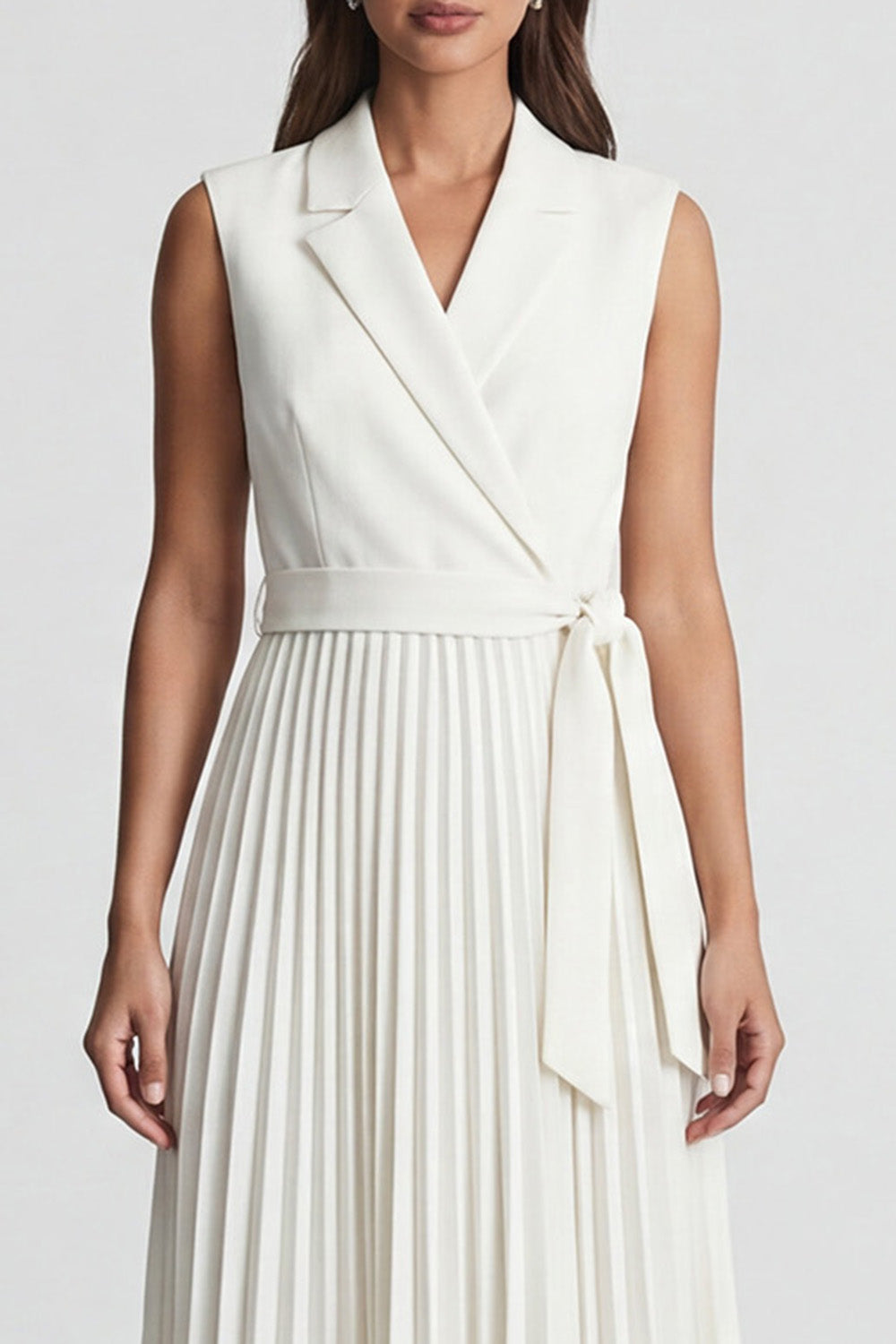 Pleated Ivory Notched Lapel A Line Midi Work Dress with Sash
