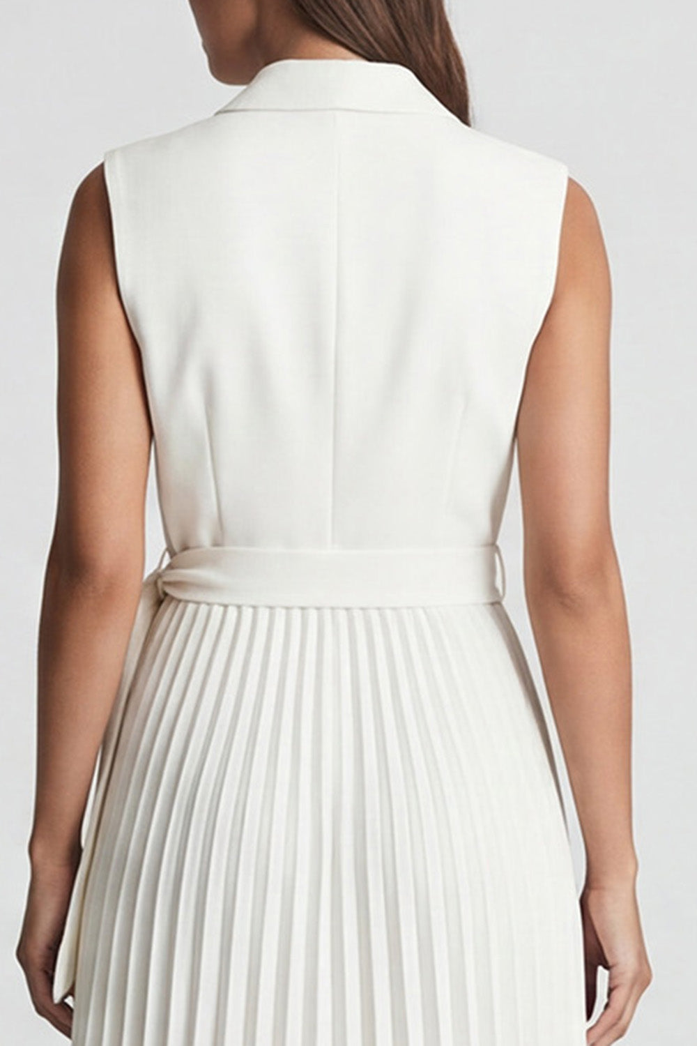 Pleated Ivory Notched Lapel A Line Midi Work Dress with Sash