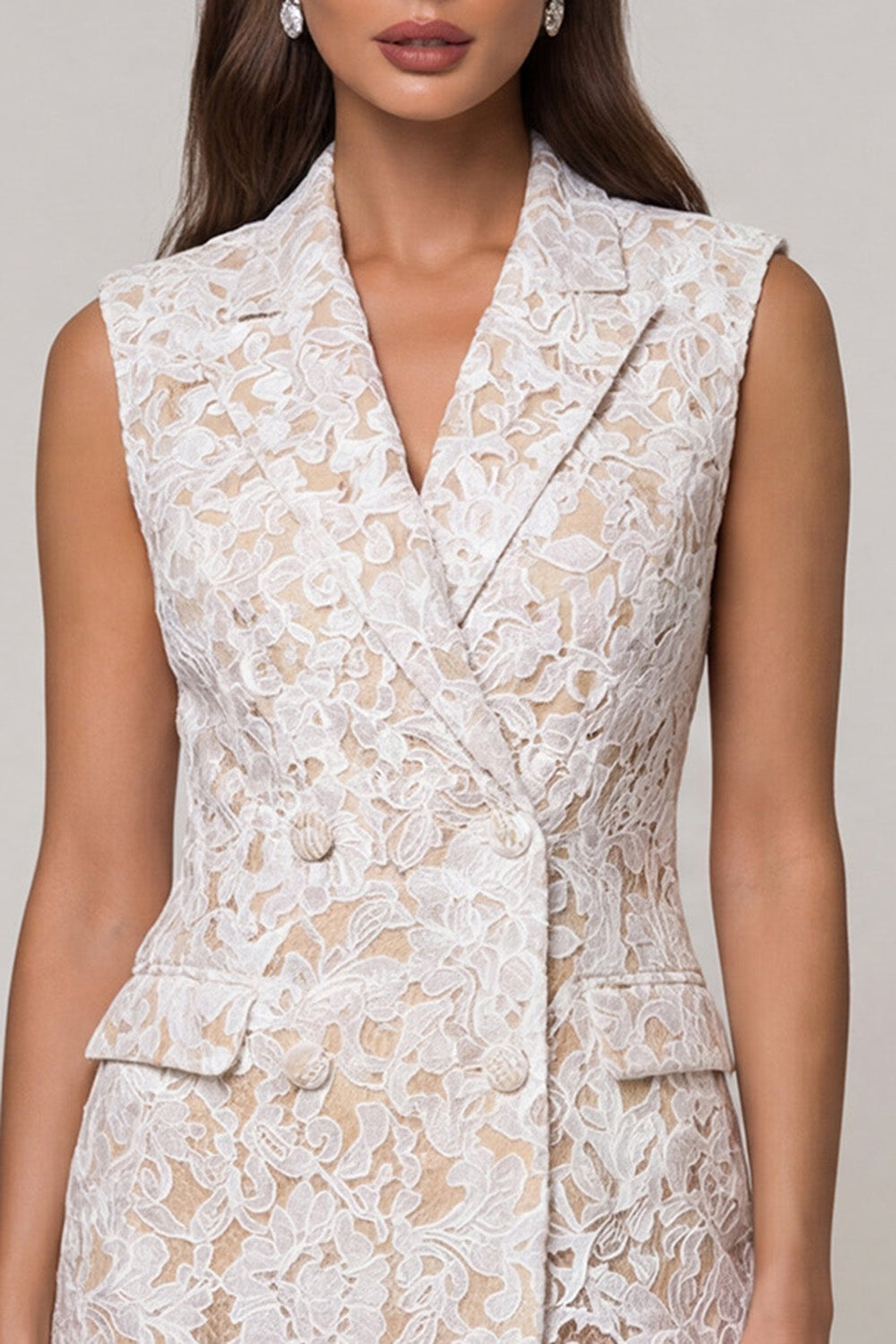 Ivory Lace Double Breasted Peak Lapel Slim Fit Mini Blazer Dress