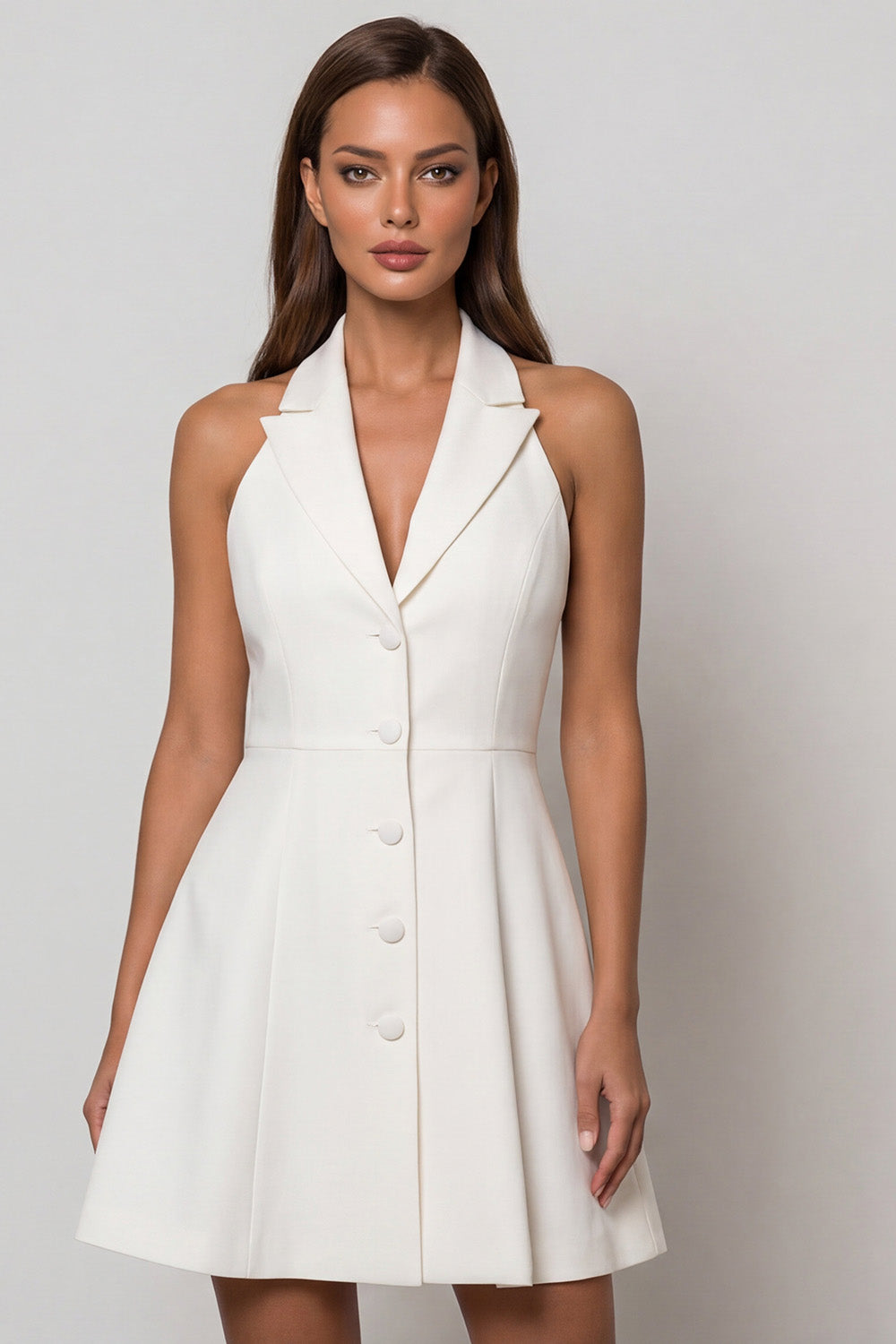 Simple White Halter Single Breasted Peak Lapel Mini Blazer Dress