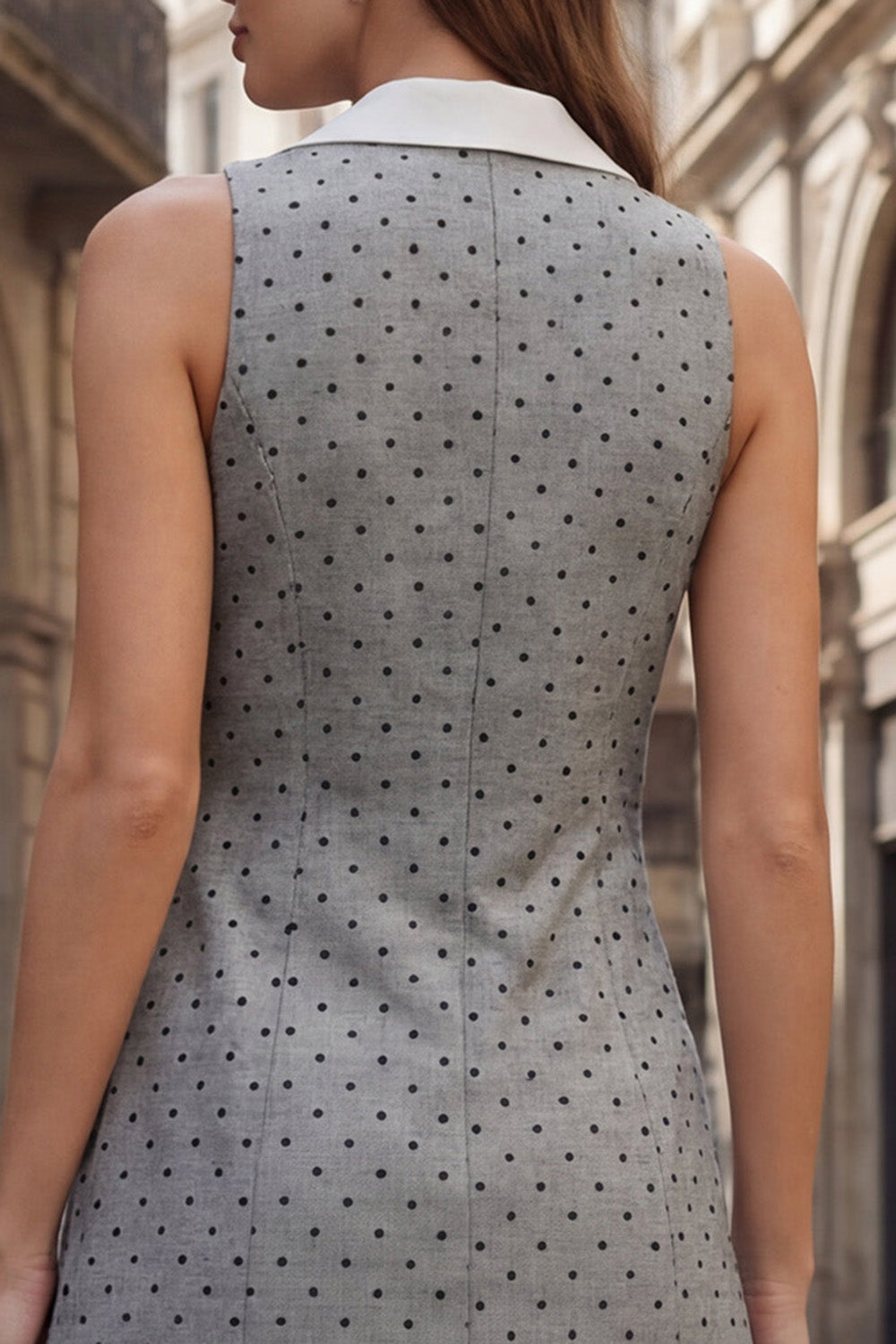 Grey Polka Dots Double Breasted Notched Lapel Mini Work Dress