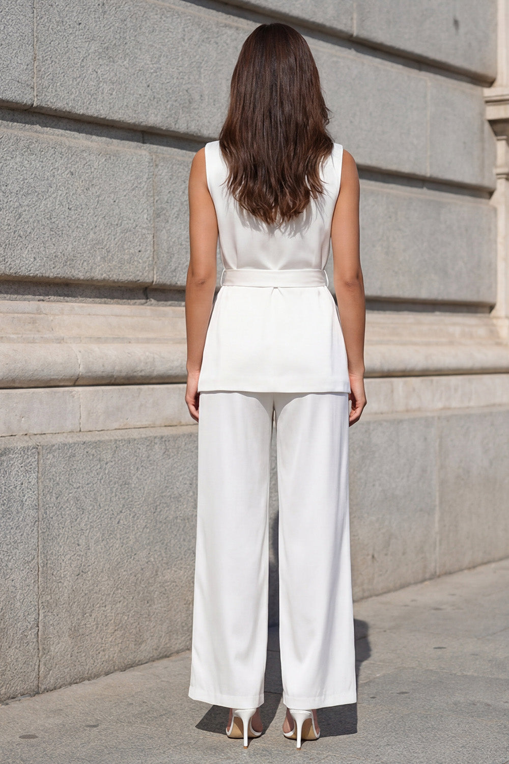 White Shawl Lapel Wide Leg 2 Piece Business Suits with Sash