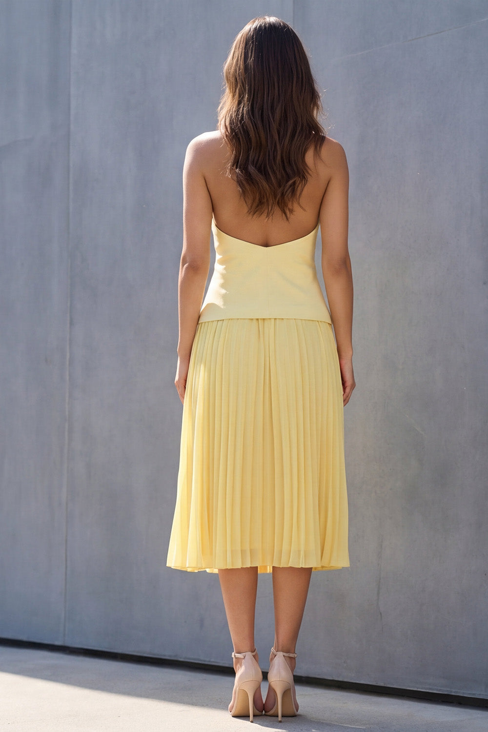 Butter Yellow Single Breasted 2 Piece Halter Midi Business Suits with Pleats