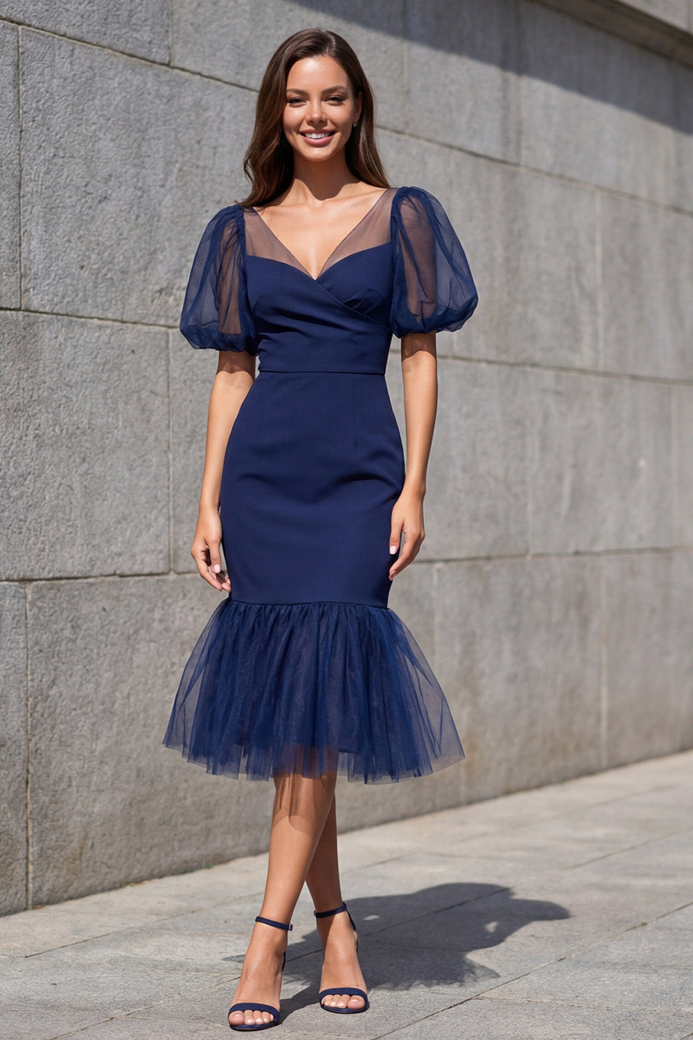 Navy Mermaid Ruffled V Neck Puff Sleeves Midi Work Dress