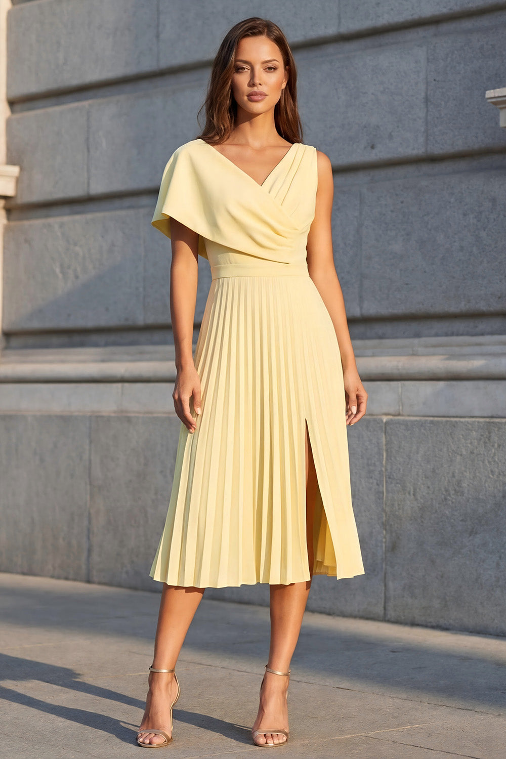 Butter Yellow A Line Pleated V Neck Midi Work Dress with Slit