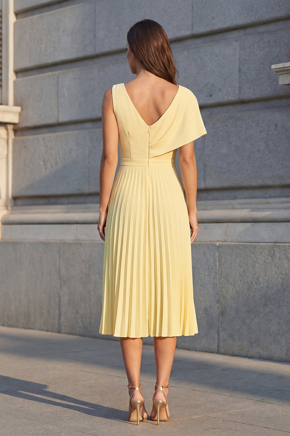Butter Yellow A Line Pleated V Neck Midi Work Dress with Slit
