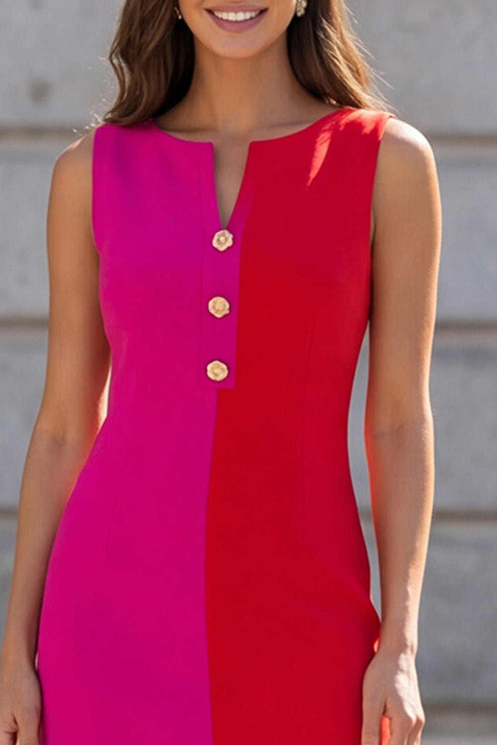 Fuchsia and Red Boat Neck Patchwork A Line Short Work Dress