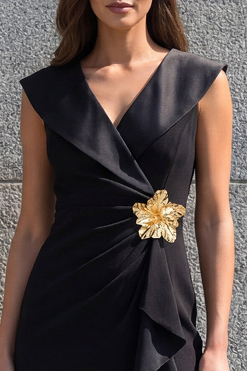 Black V Neck Ruched Midi Ruffled Work Dress with 3D Flower