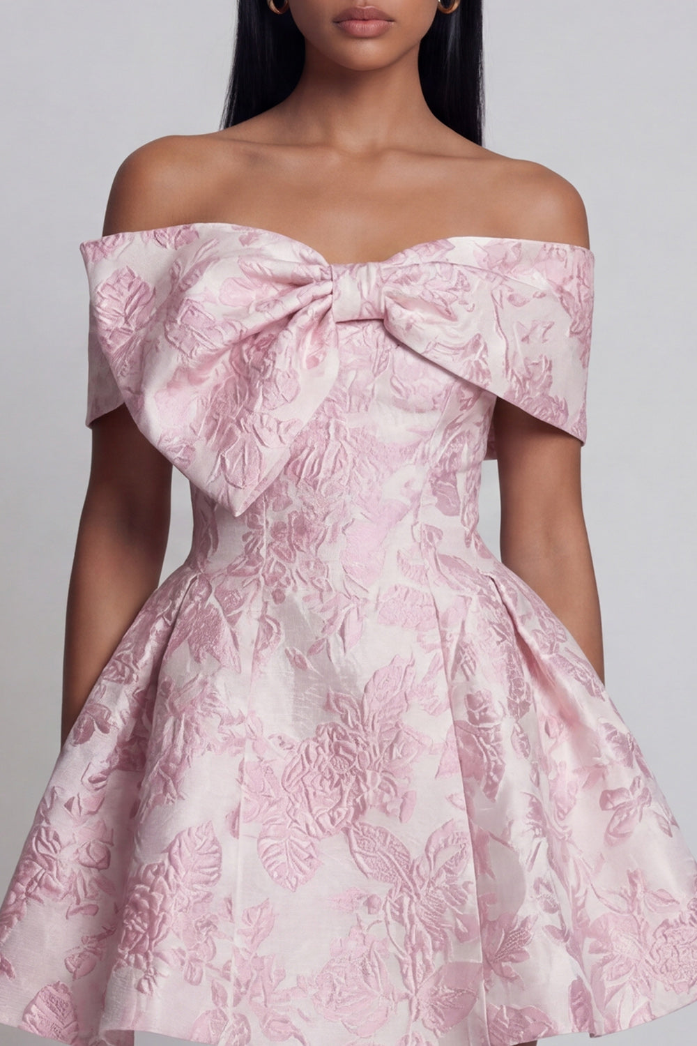 Pink A Line Off the Shoulder Floral Mini Wedding Guest Dress with Bow