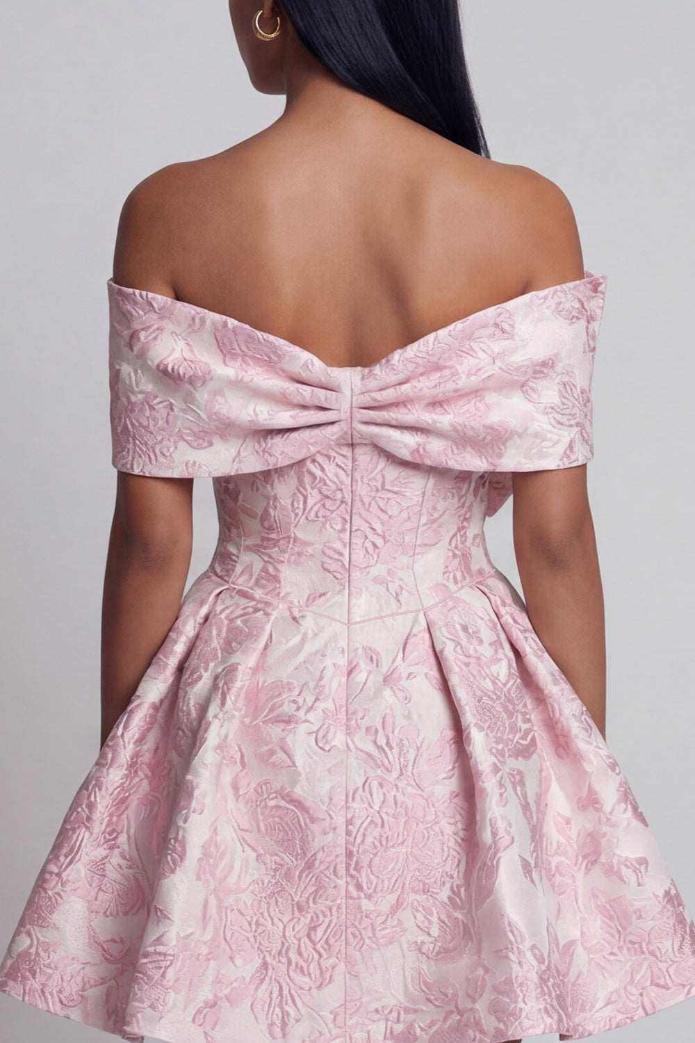 Pink A Line Off the Shoulder Floral Mini Wedding Guest Dress with Bow
