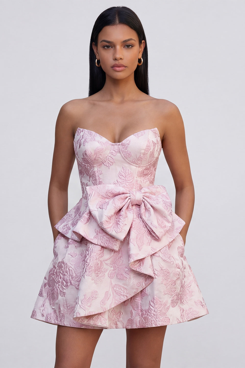 Pink A Line Ruffled Strapless Floral Mini Wedding Guest Dress with Bow