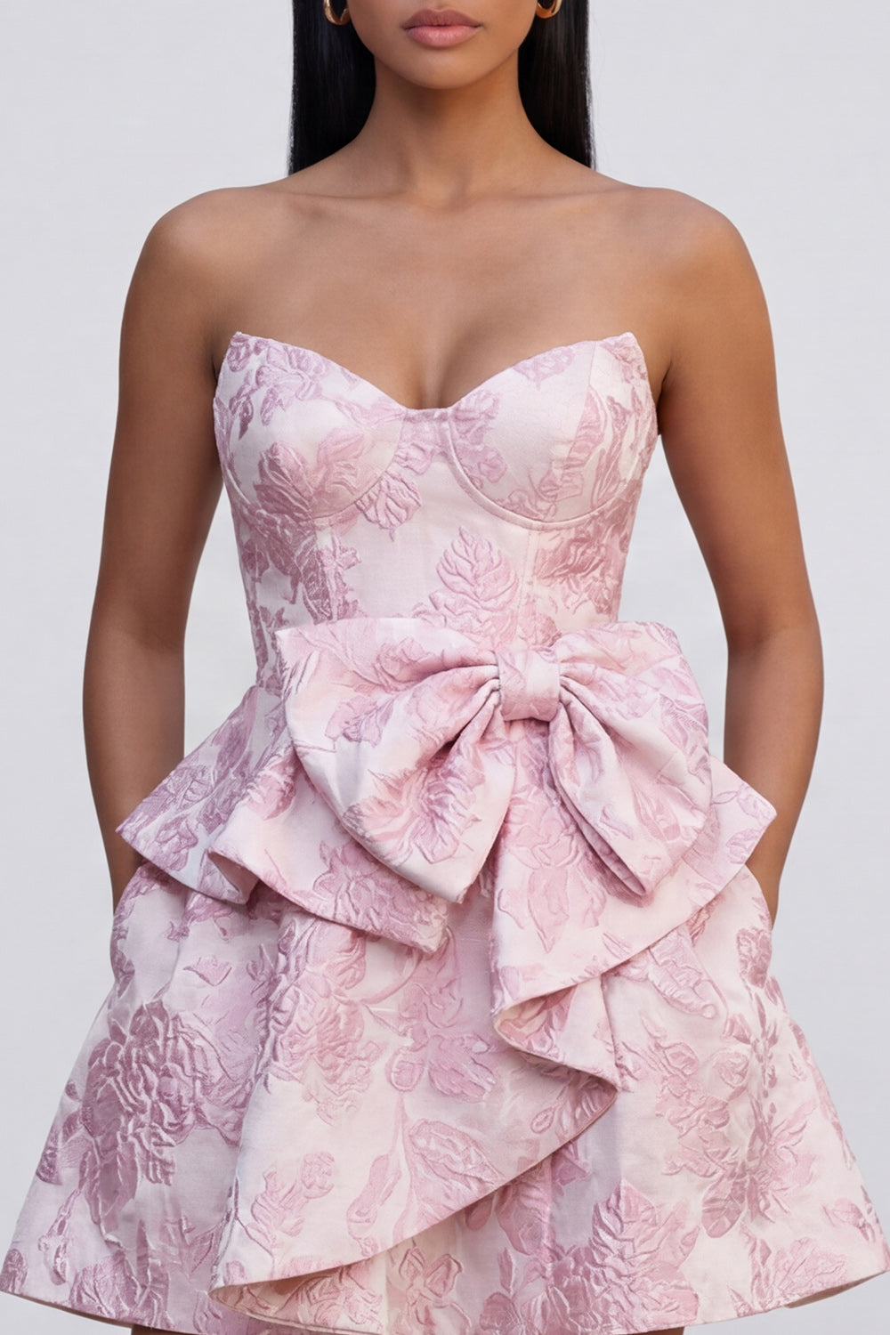 Pink A Line Ruffled Strapless Floral Mini Wedding Guest Dress with Bow