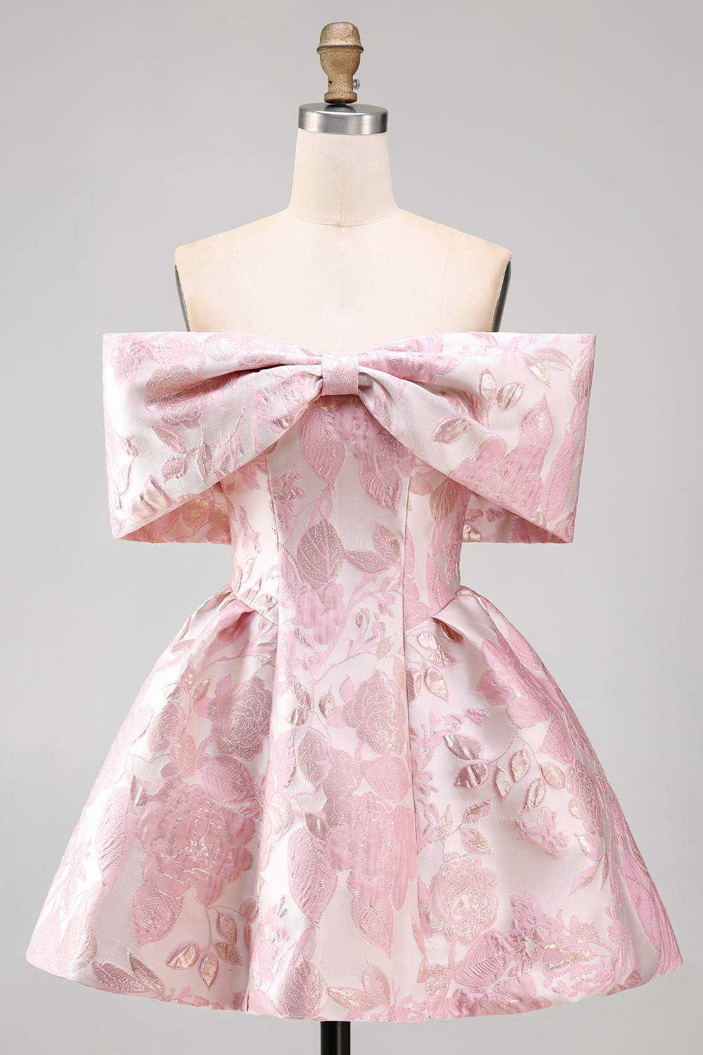 Pink A Line Floral Off the Shoulder Mini Wedding Guest Dress with Bow