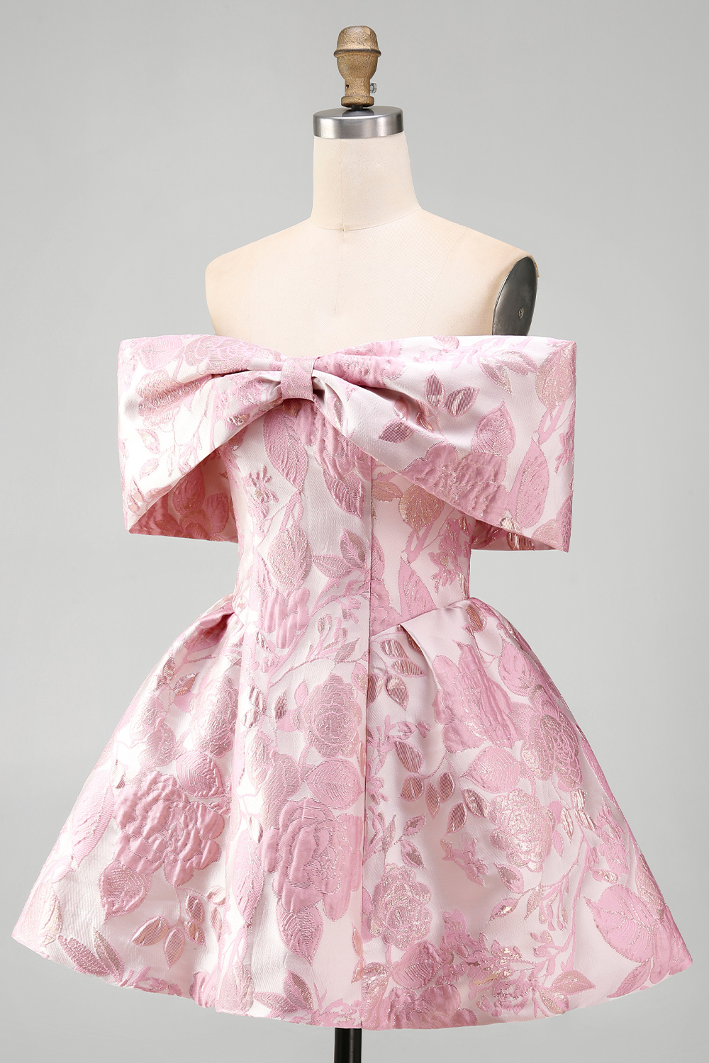 Pink A Line Floral Off the Shoulder Mini Wedding Guest Dress with Bow