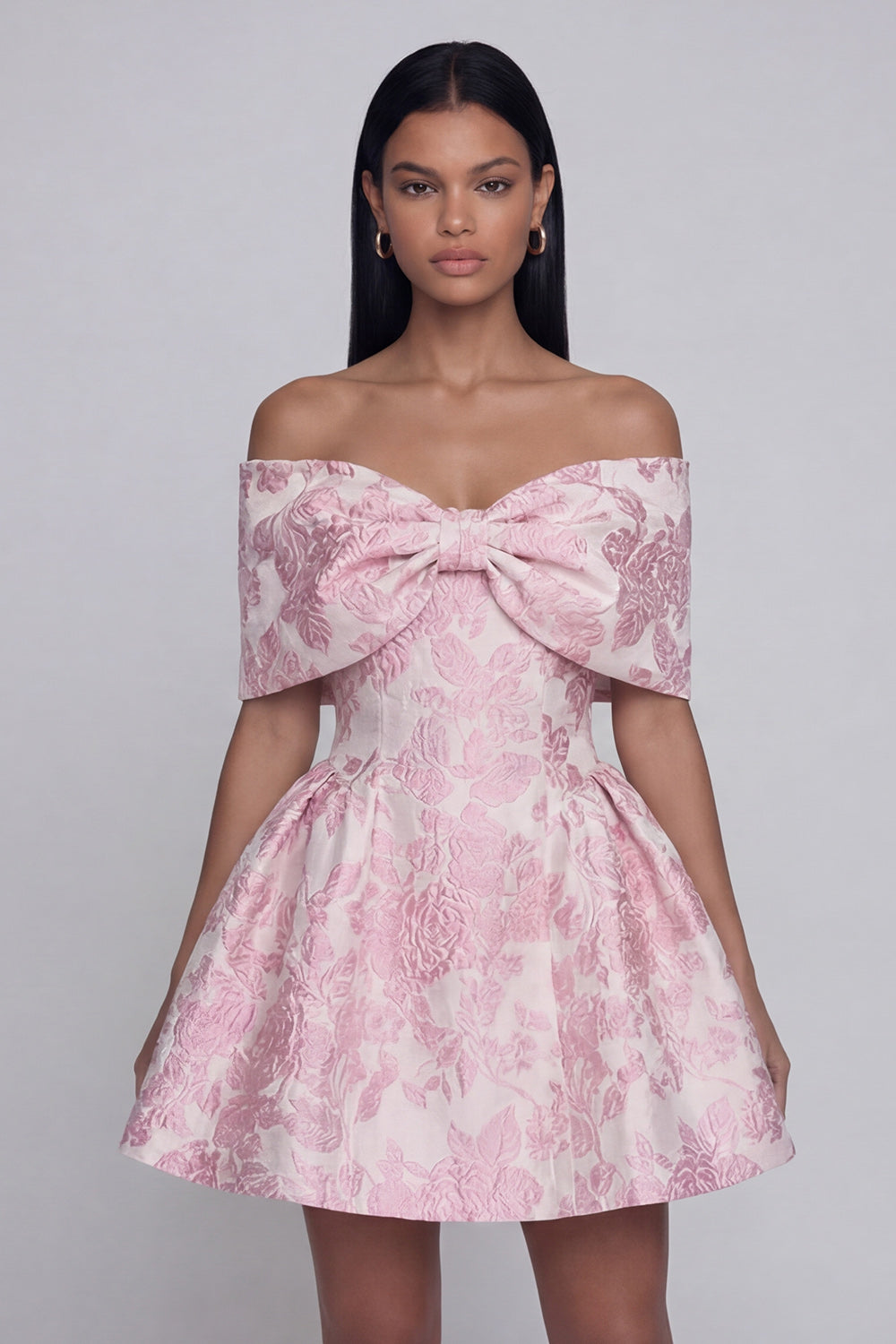Pink A Line Floral Off the Shoulder Mini Wedding Guest Dress with Bow