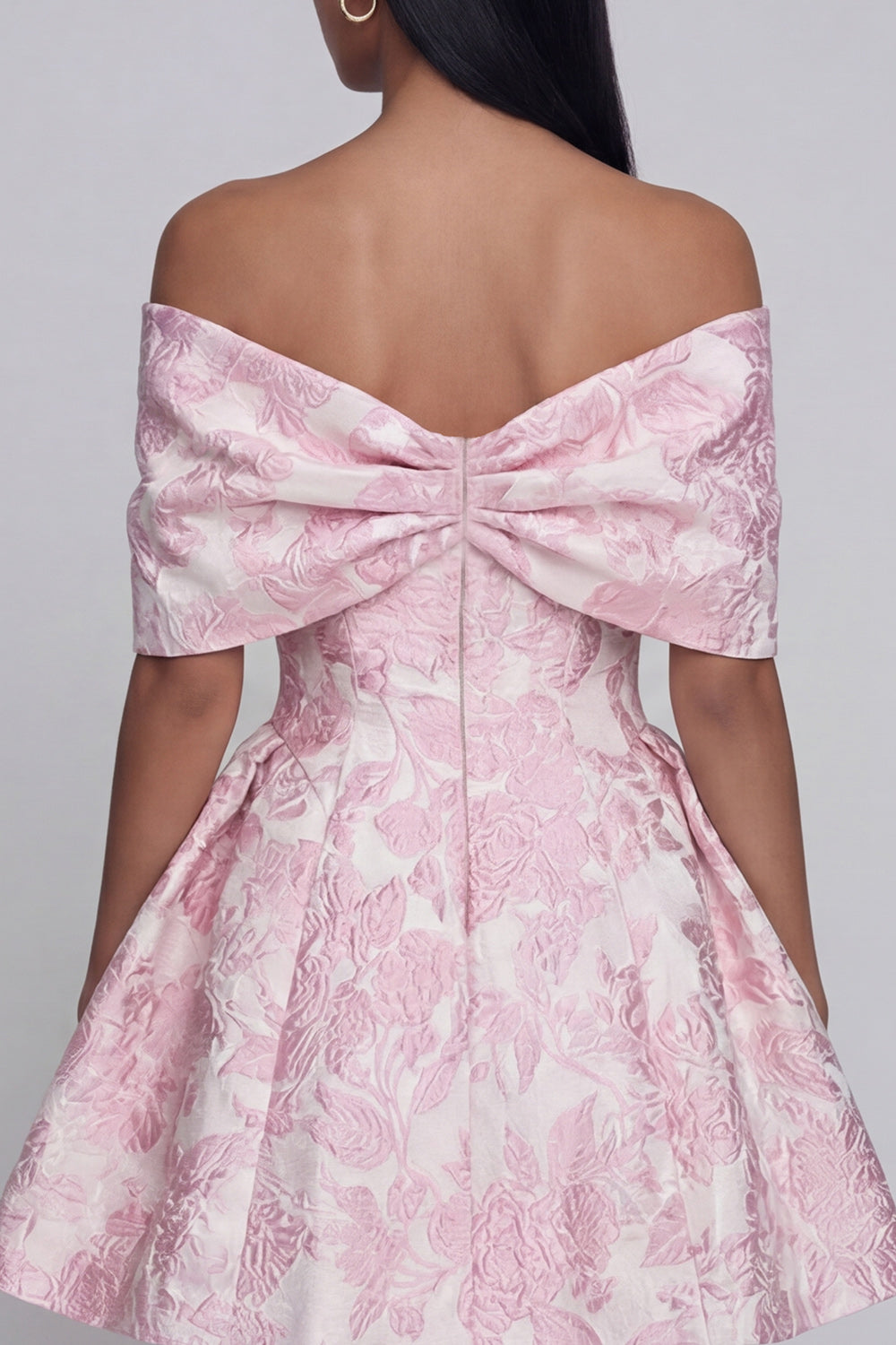 Pink A Line Floral Off the Shoulder Mini Wedding Guest Dress with Bow