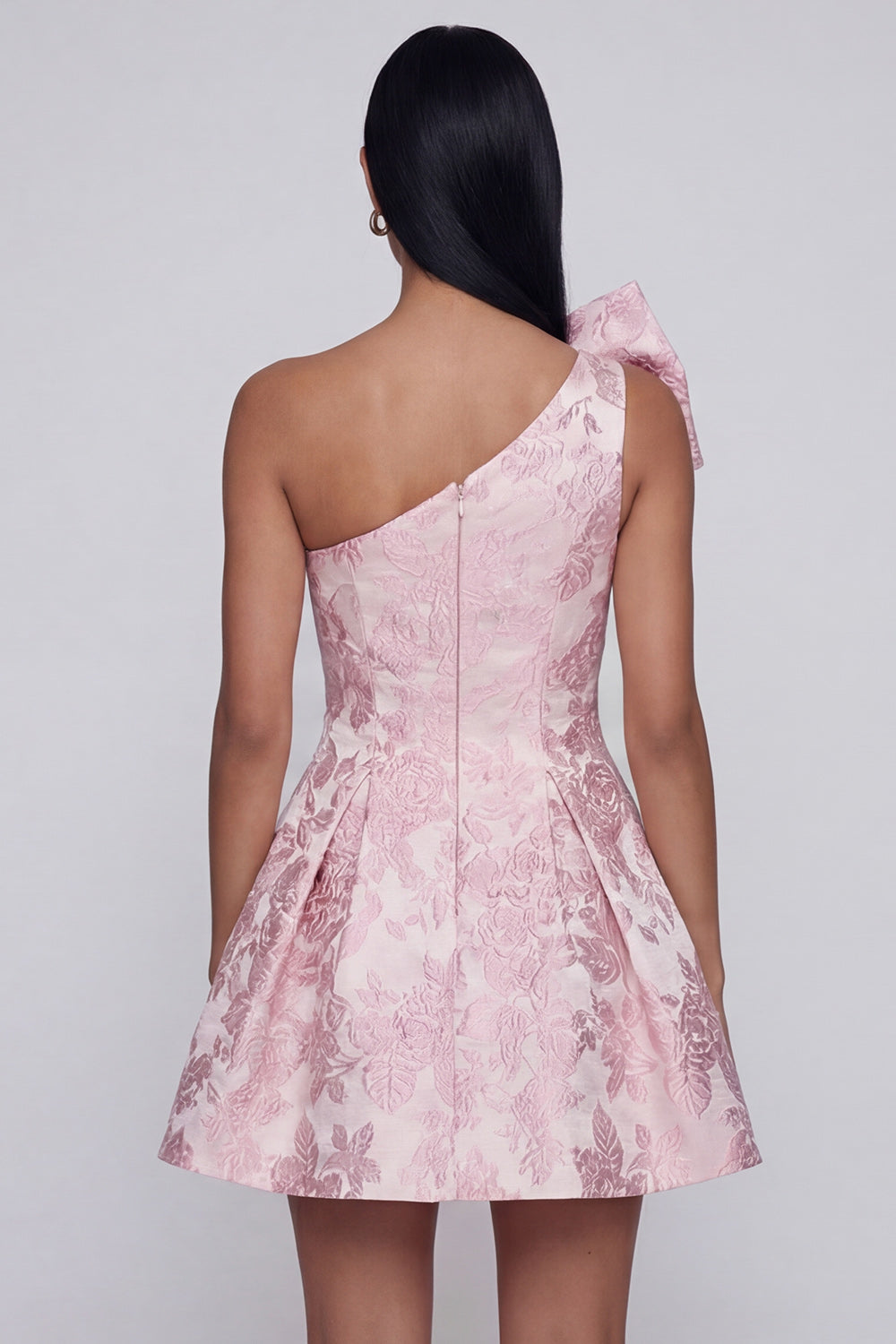 Pink Floral A Line One Shoulder Short Wedding Guest Dress with Bow