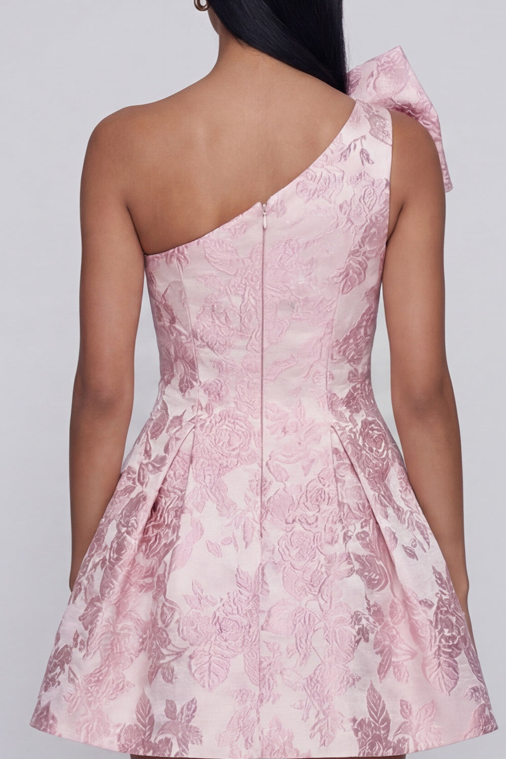 Pink Floral A Line One Shoulder Short Wedding Guest Dress with Bow