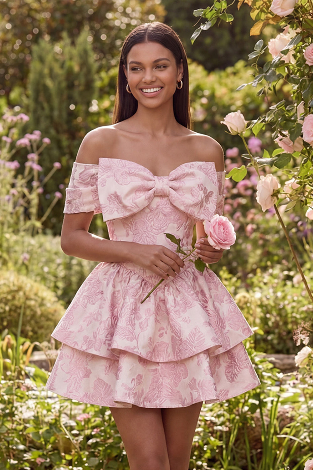 Pink Ruffled Floral Off the Shoulder A Line Short Wedding Guest Dress with Bow