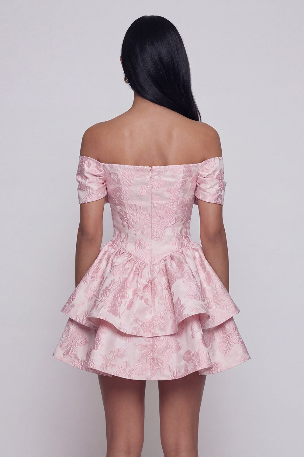 Pink Ruffled Floral Off the Shoulder A Line Short Wedding Guest Dress with Bow