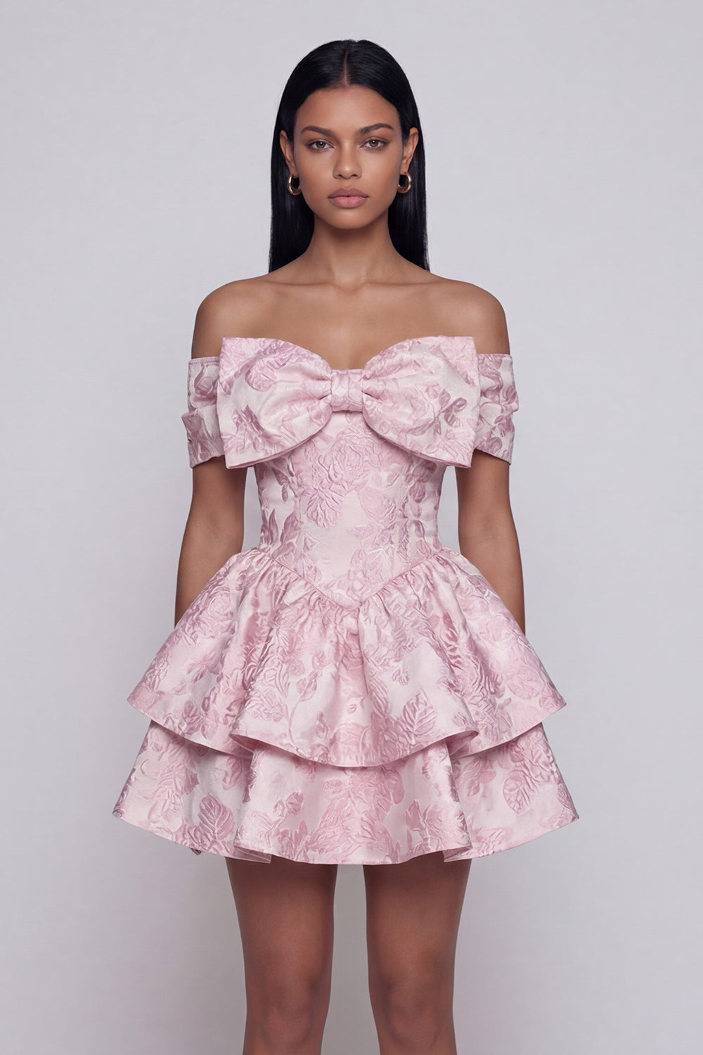Pink Ruffled Floral Off the Shoulder A Line Short Wedding Guest Dress with Bow