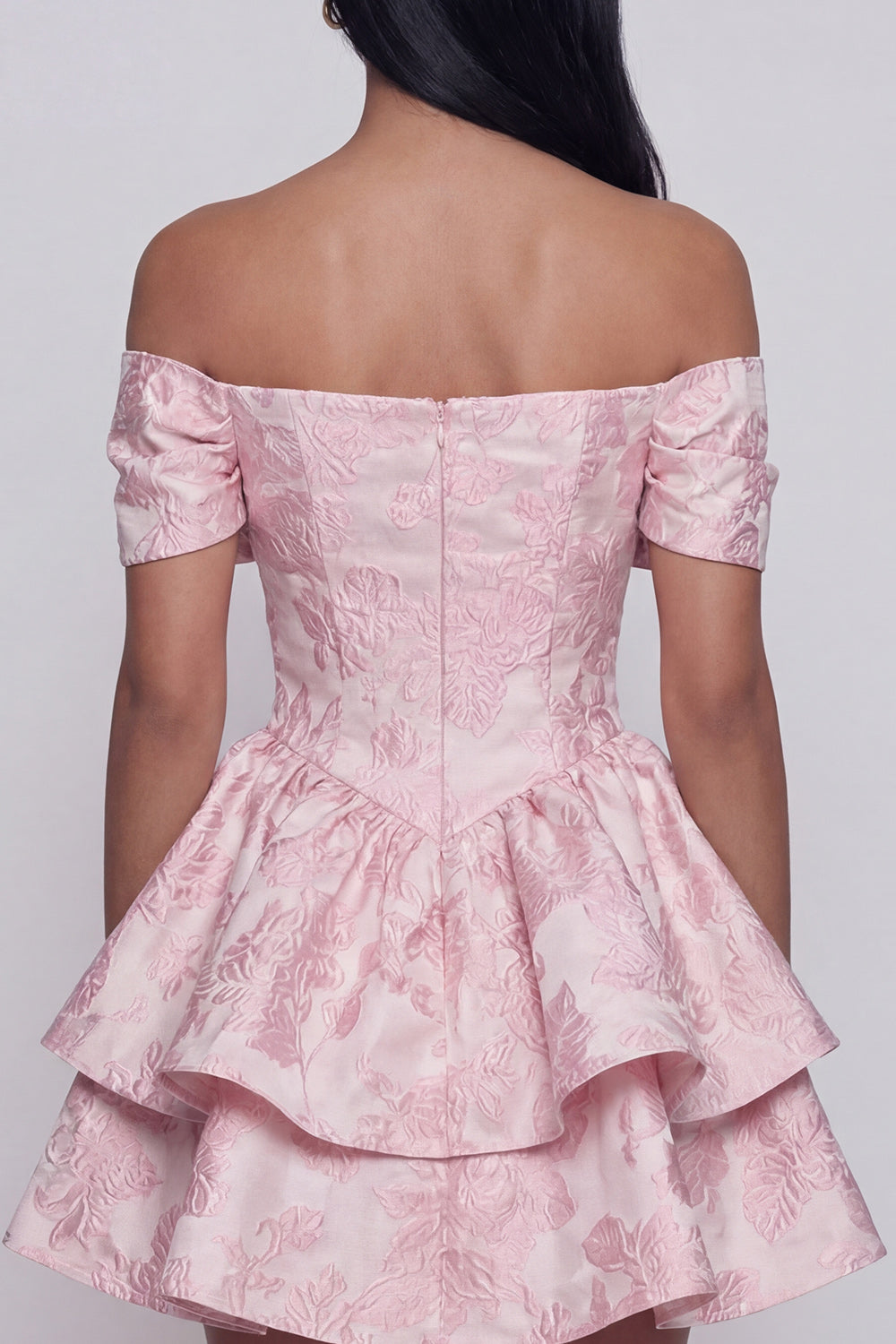 Pink Ruffled Floral Off the Shoulder A Line Short Wedding Guest Dress with Bow