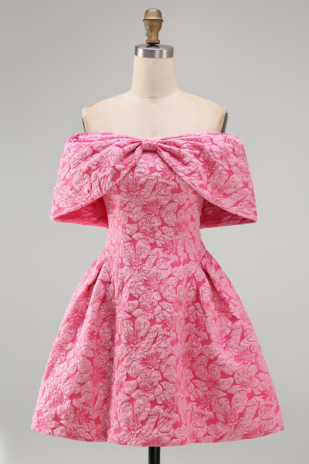 Fuchsia Floral Off the Shoulder A Line Mini Homecoming Dress with Bow