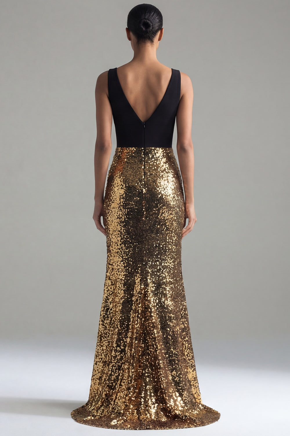 Sparkly Mermaid Black and Gold Sequins V-Neck Long Evening Dress with Slit