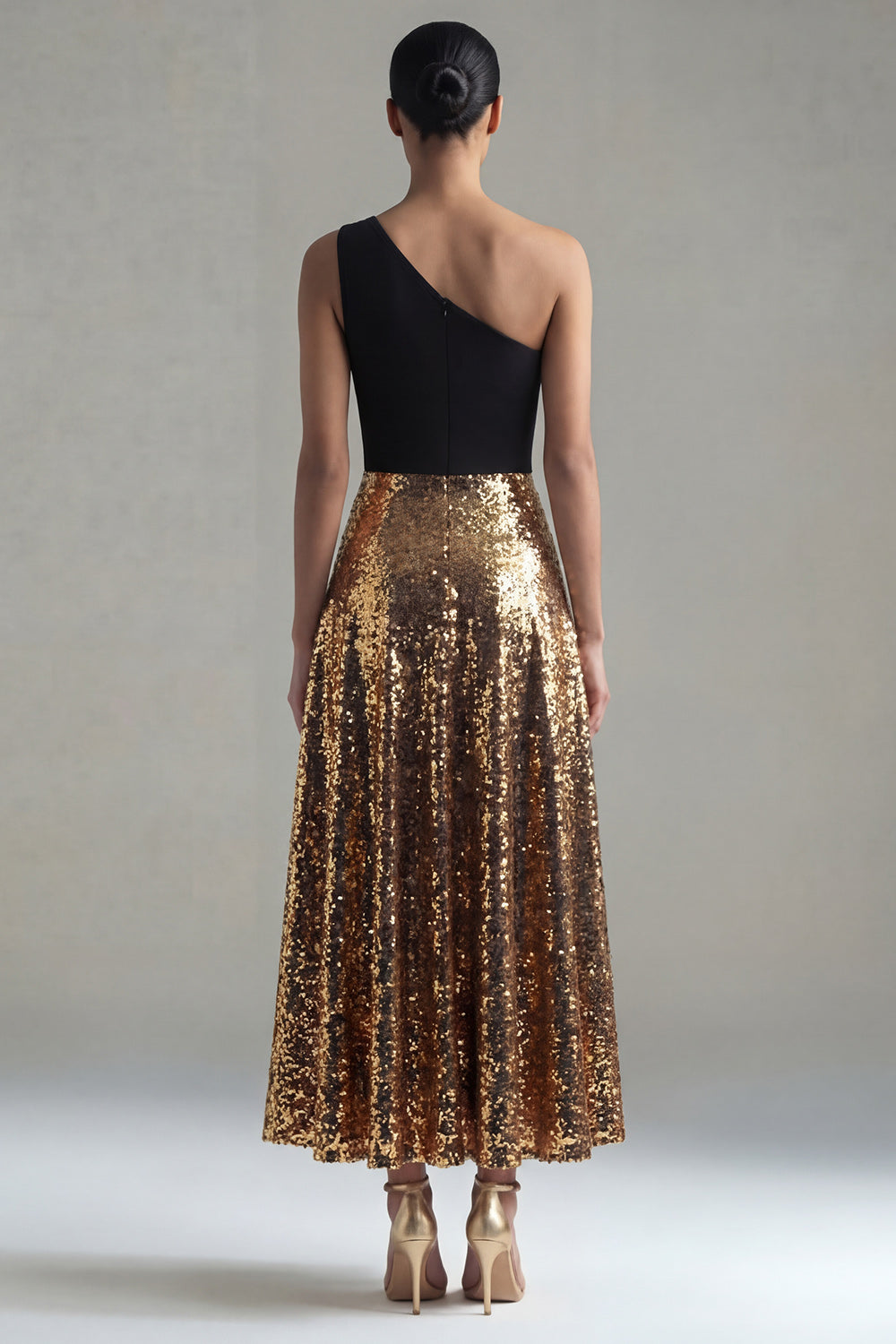 Sparkly Black and Gold One Shoulder A Line Sequins Maxi Evening Dress