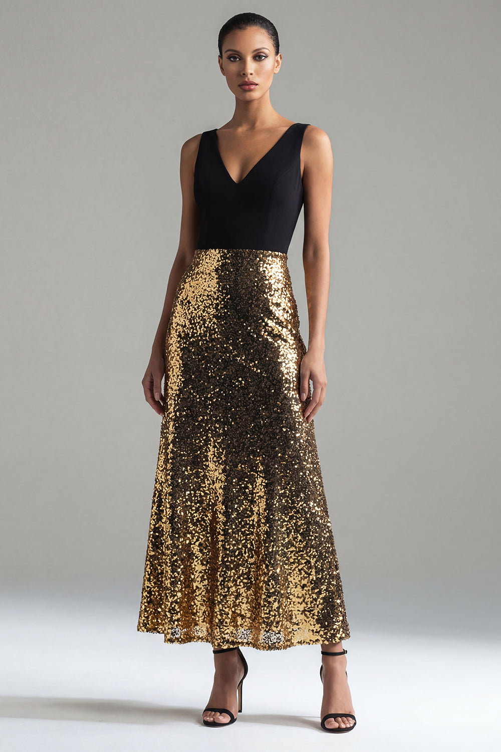 Sparkly A Line Black and Gold V Neck Sequins Maxi Evening Dress
