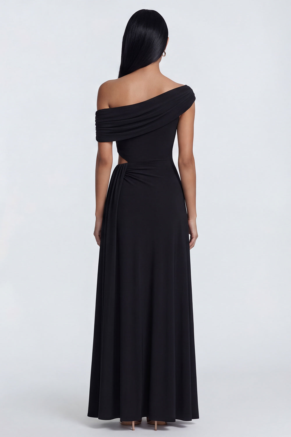 Black Sheath Cut Out Ruched Long Wedding Guest Dress with Side Cape