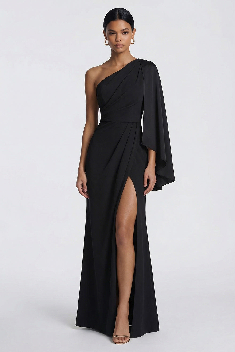 Black Mermaid One Shoulder Ruched Maxi Wedding Guest Dress with Sleeves