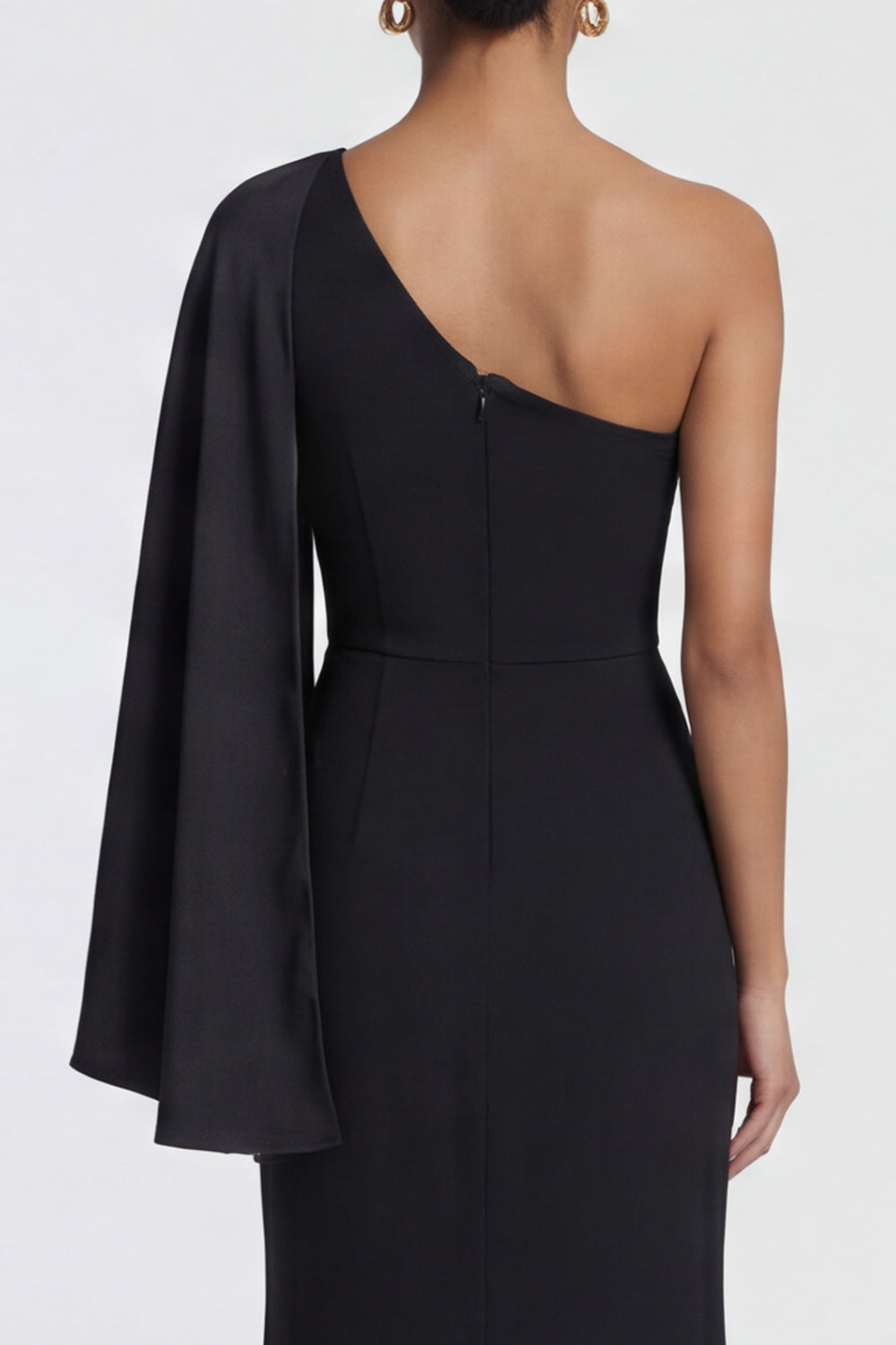 Black Mermaid One Shoulder Ruched Maxi Wedding Guest Dress with Sleeves