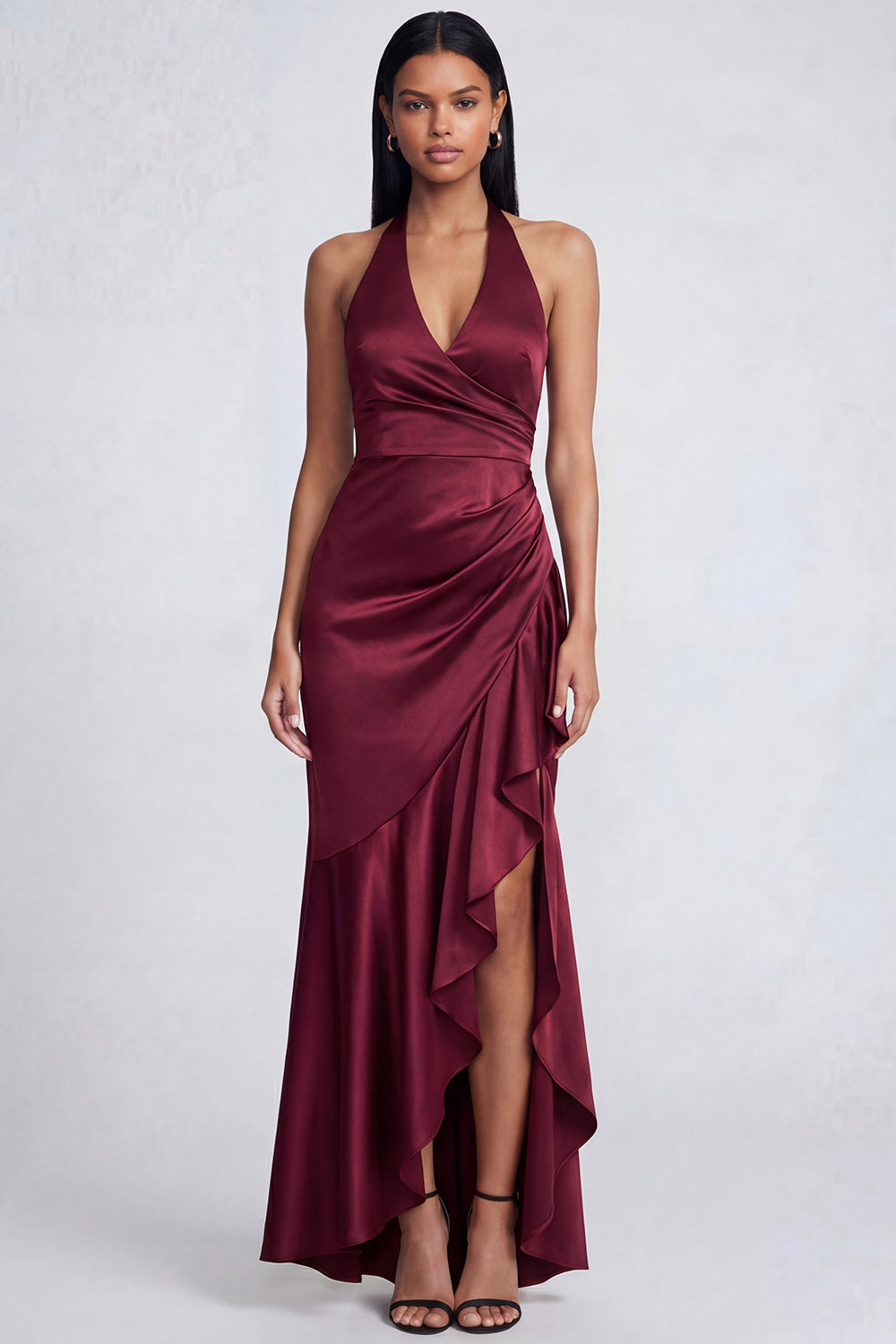 Black Ruched Ruffled Mermaid Long Wedding Guest Dress with Slit