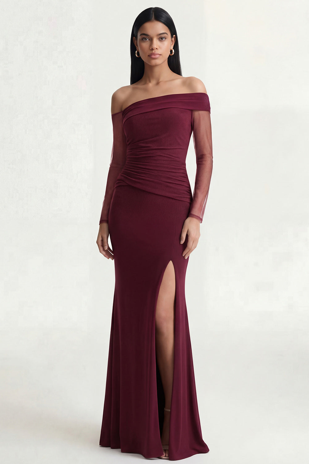 Mermaid Burgundy Ruched Long Sleeves Wedding Guest Dress with Slit