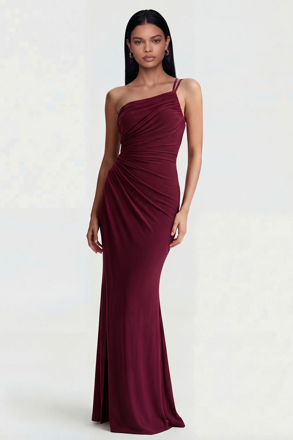 Mermaid Burgundy One Shoulder Ruched Maxi Wedding Guest Dress