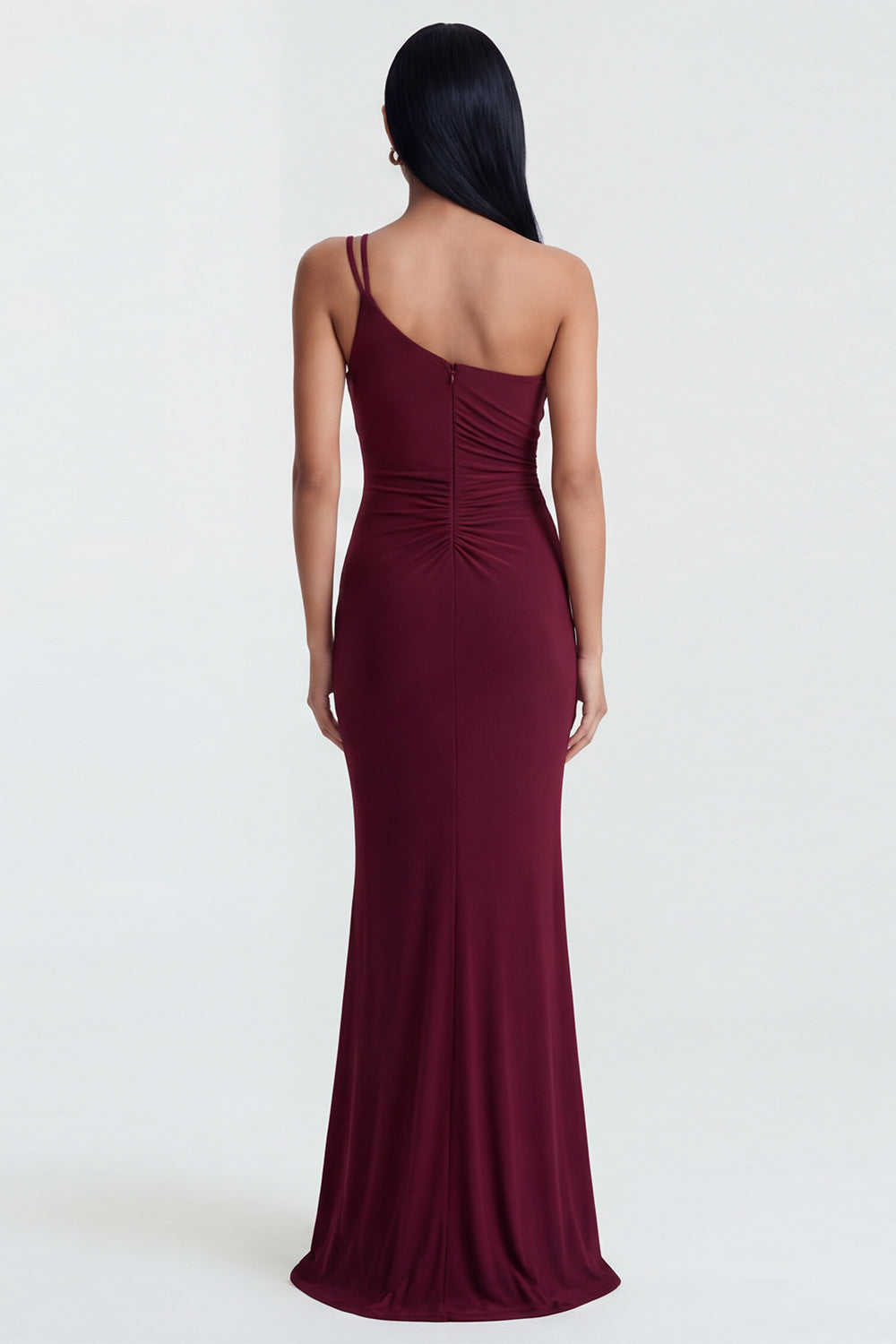 Mermaid Burgundy One Shoulder Ruched Maxi Wedding Guest Dress