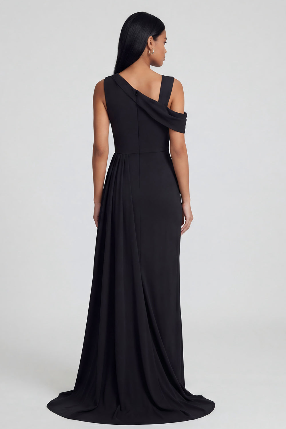 Black Ruched Sheath Asymmetrical Shoulder Long Wedding Guest Dress with Side Cape