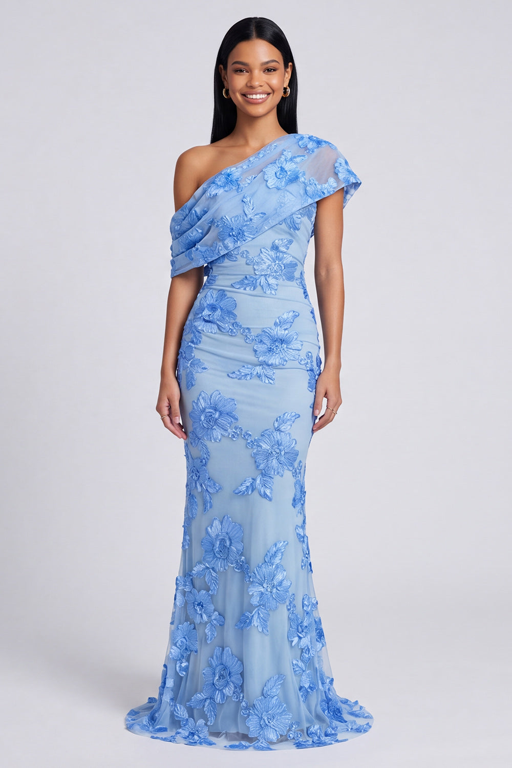 Floral Blue One Shoulder Ruched Mermaid Long Wedding Guest Dress