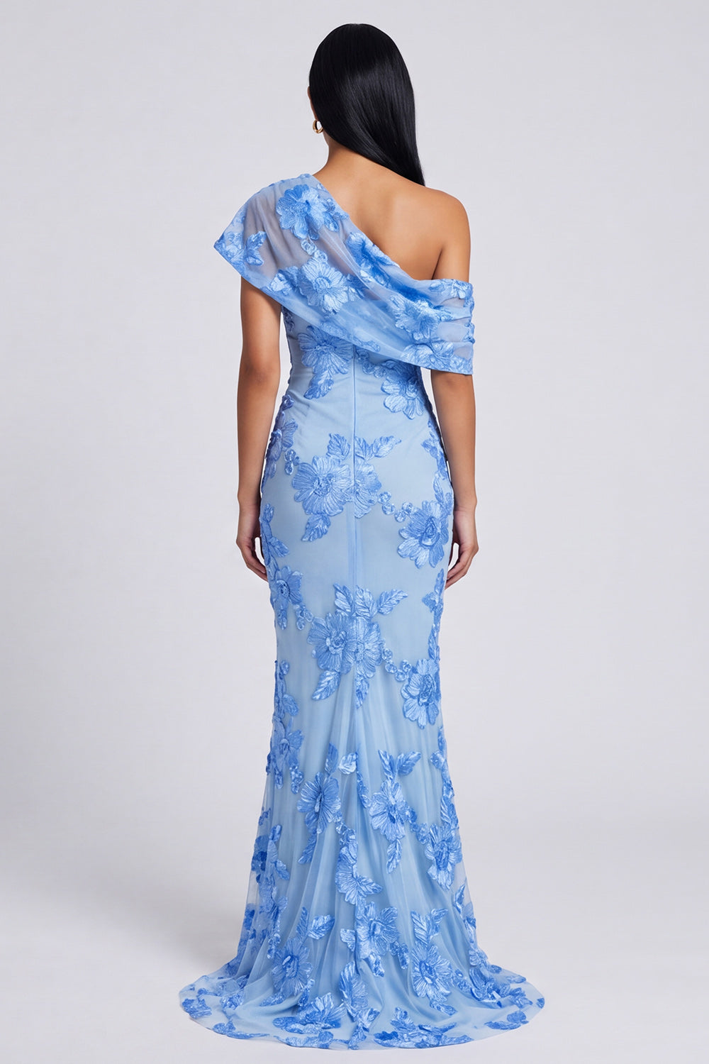 Floral Blue One Shoulder Ruched Mermaid Long Wedding Guest Dress