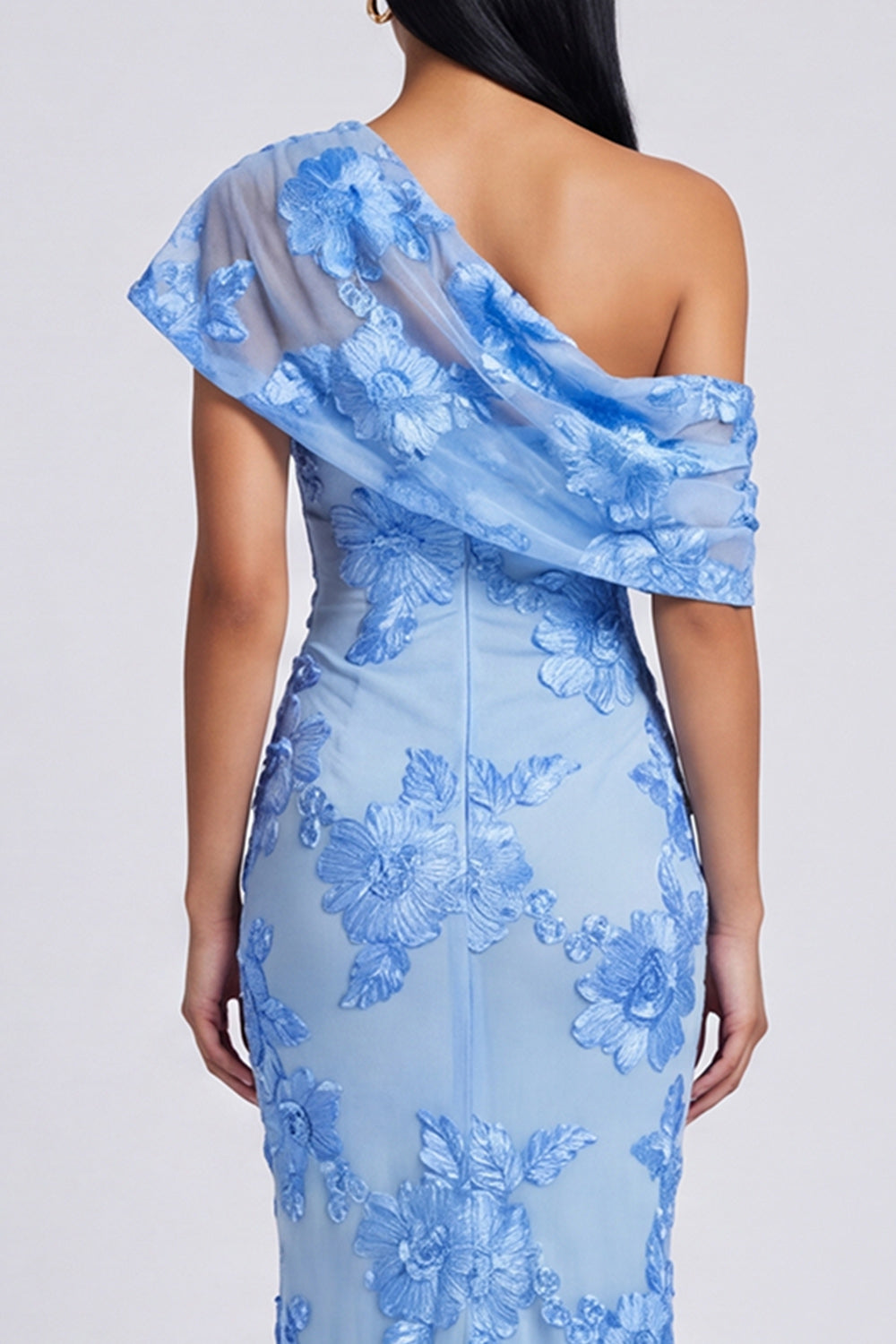 Floral Blue One Shoulder Ruched Mermaid Long Wedding Guest Dress