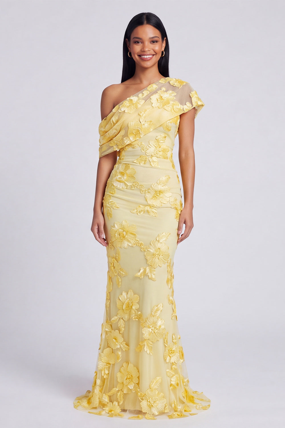 Floral Blue One Shoulder Ruched Mermaid Long Wedding Guest Dress