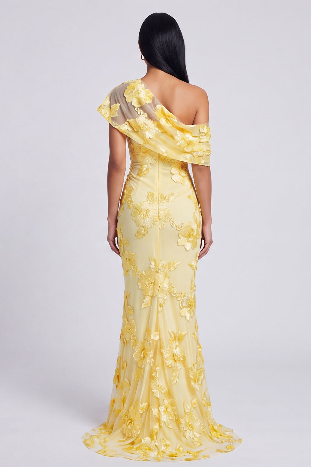 Floral Blue One Shoulder Ruched Mermaid Long Wedding Guest Dress